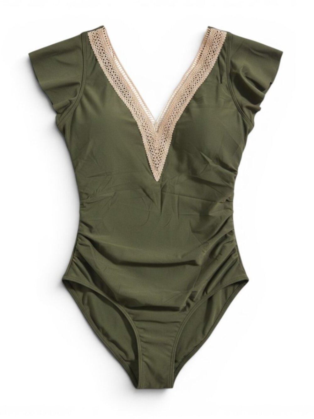 Olive Green V-Neck One-Piece Swimsuit with Lace Trim